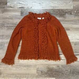 Villager Liz Claiborne Rust Fringe Cardigan Sweater Wool Blend Fall Boho 90s